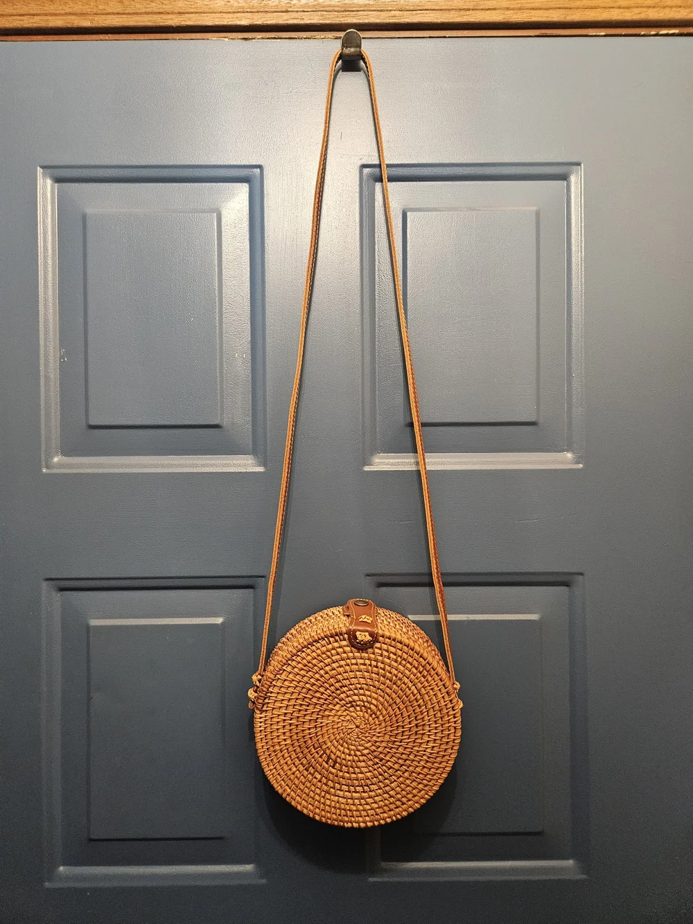 Round Woven Crossbody Boho Bag in Natural Tan.